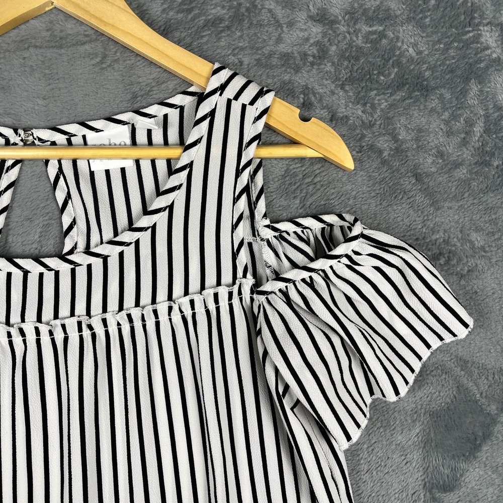 Soho Jeans Womens XS Black White Striped Cold Shoulder Blouse Summer Top - Picture 2 of 16
